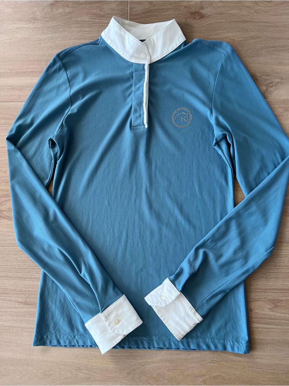 Razza Pura Equestrian Slate Blue Mesh Long Sleeve Polo XL Snap Issue Snag